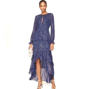 Hutch Molly Gown Dress Womens 4 Blue Gold Chiffon Ruffled Tiered Party Maxi